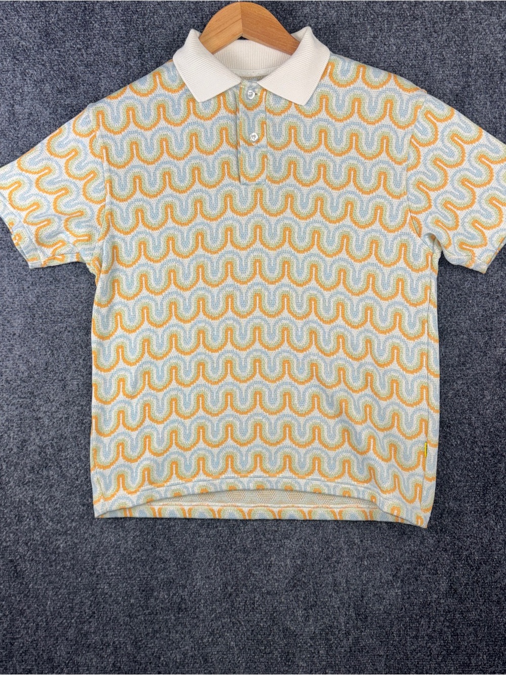 GOLF Wang Wavy Pattern Polo Shirt Mens Small Blue Orange Abstract 100% Polyester